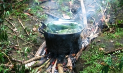 Suckerfish and crayfish are wrapped in banana leaves and cooked in a pot in Wimbi, northwest Ecuador.